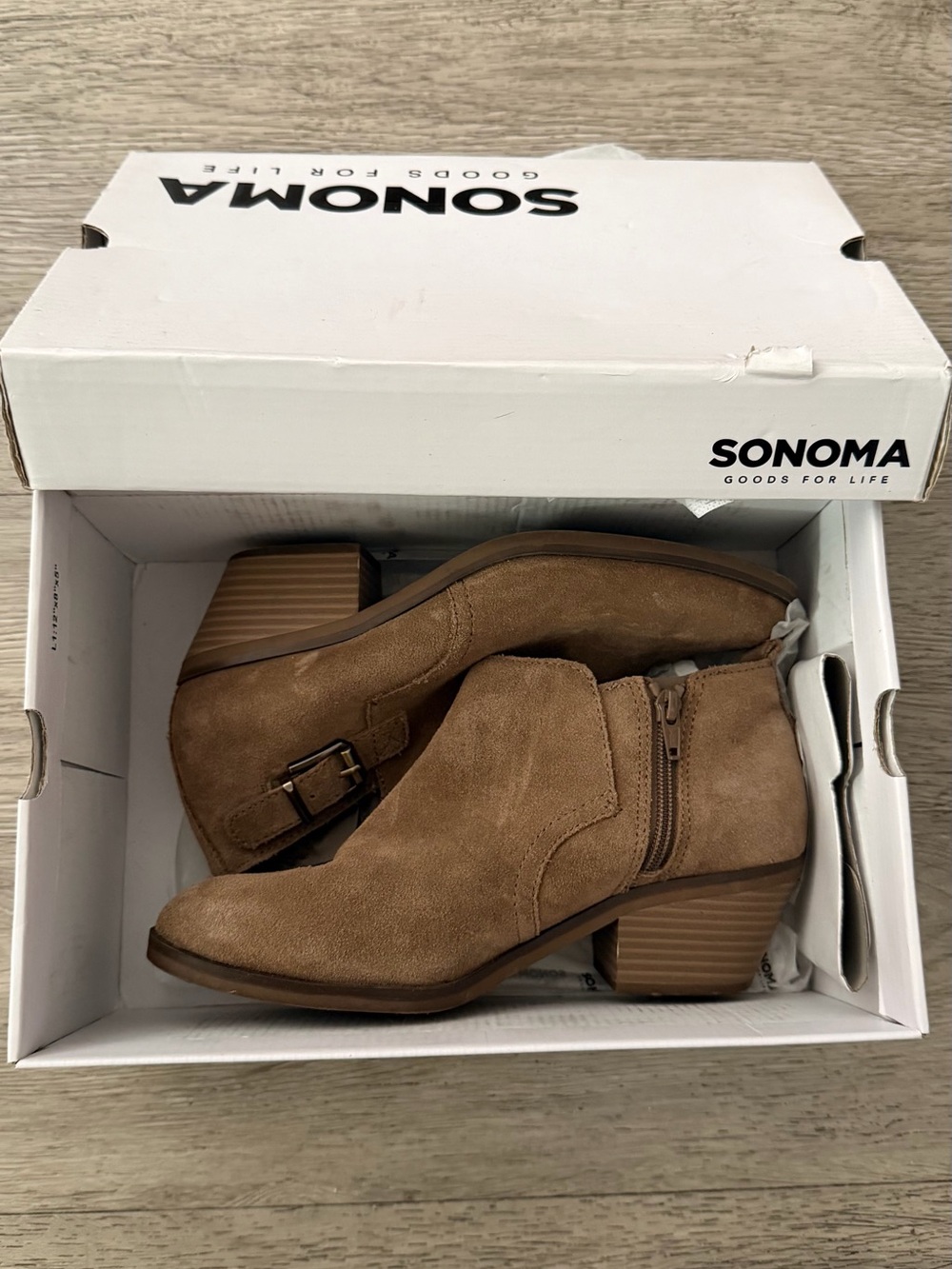 SONOMA Tan Suede Buckle Side-Zip Ankle Booties